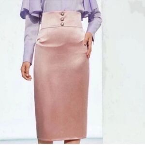 Zipper Back Button Detail Wide Waistband Split Hem Satin Skirt Size XS